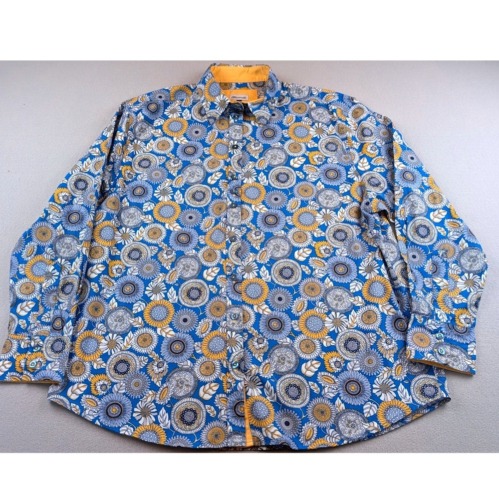 Grenouille Women's XL Blue Yellow Sunflower Mandala Print Button Down Shirt